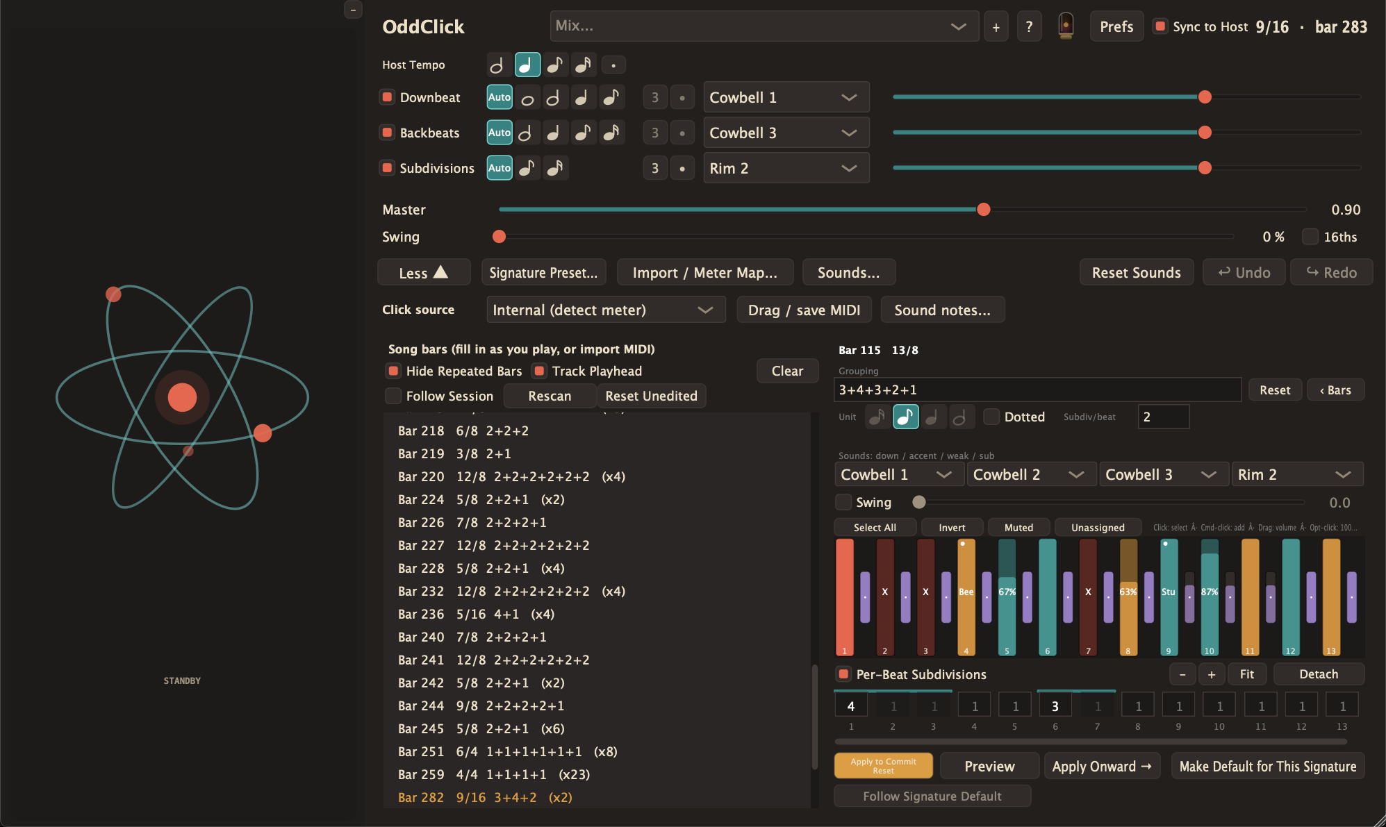 The OddClick editor open on a 13/8 bar grouped 3+4+3+2+1, beside a song list of mixed time signatures