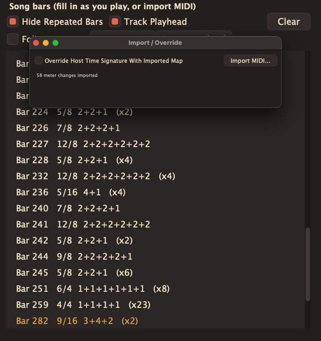 The Import panel reporting 58 meter changes imported from a MIDI file, over a song list of 5/8, 7/8, 12/8, 5/16 and 9/16 bars