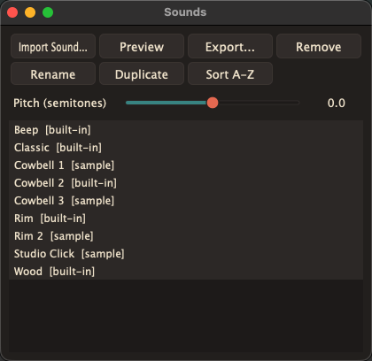 The sound picker showing the built-in click kits
