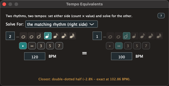 The Tempo Equivalents window, set to solve for the matching rhythm, reporting the closest note value with its percentage error and the tempo at which it would be exact